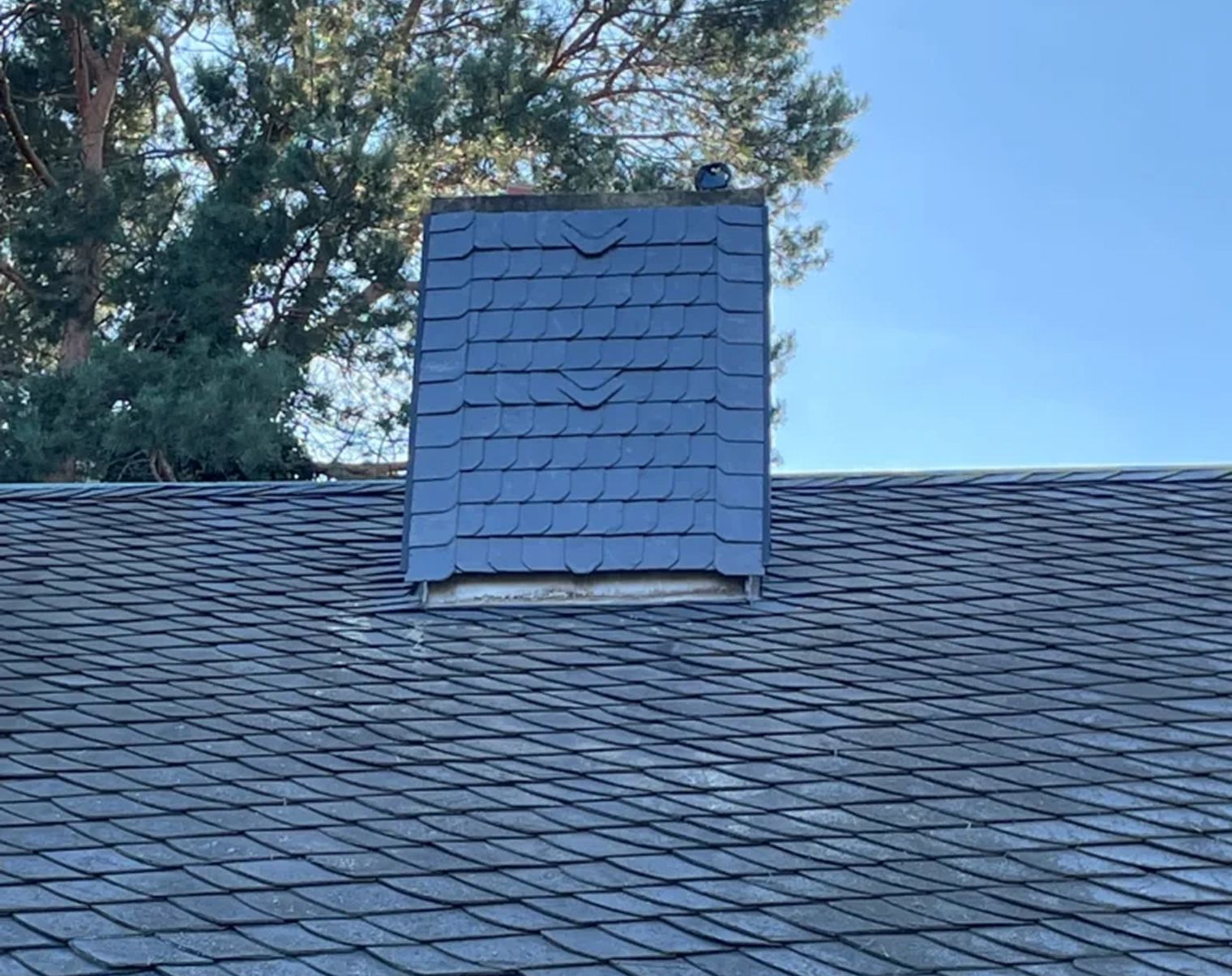 Ansicht eines Daches mit Schindeln und Dachgaube