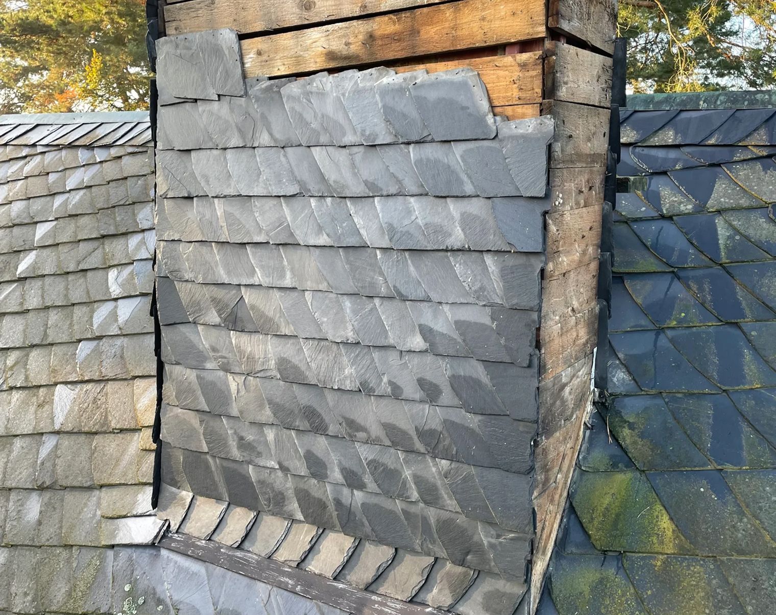 Ansicht von Dachziegeln und Schornstein auf einem Dach